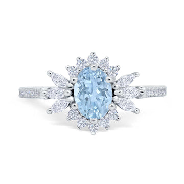 Vintage Oval Engagement Ring Simulated Aquamarine CZ 925 Sterling Silver